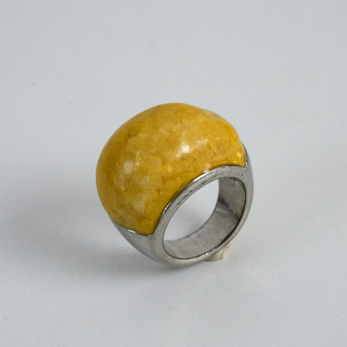 Vintage Yellow Resin Dome Statement Ring with Silver-Tone Band