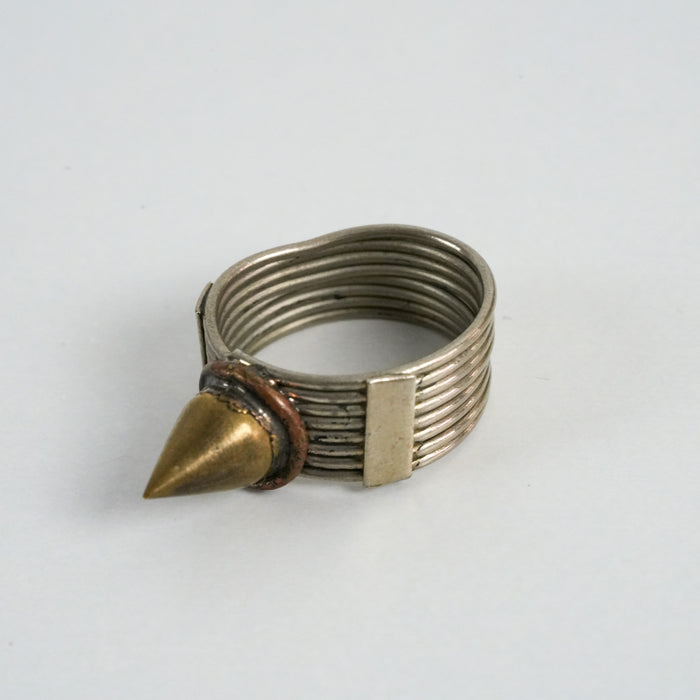 Vintage Silver-Tone Multi-Band Spike Statement Ring with Brass-Tone Accent