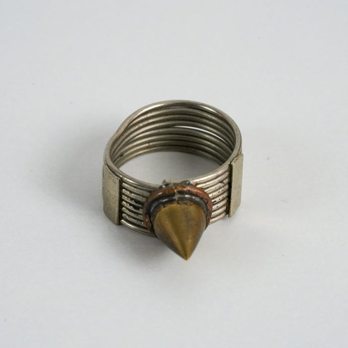 Vintage Silver-Tone Multi-Band Spike Statement Ring with Brass-Tone Accent