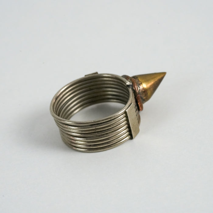 Vintage Silver-Tone Multi-Band Spike Statement Ring with Brass-Tone Accent