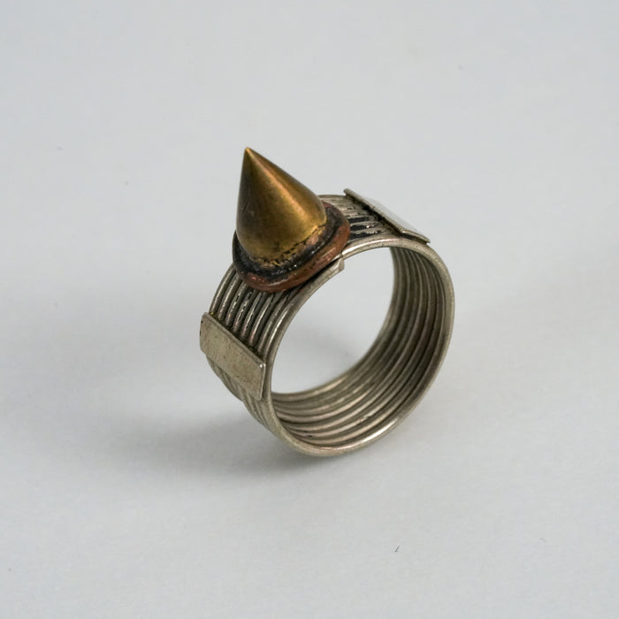 Vintage Silver-Tone Multi-Band Spike Statement Ring with Brass-Tone Accent