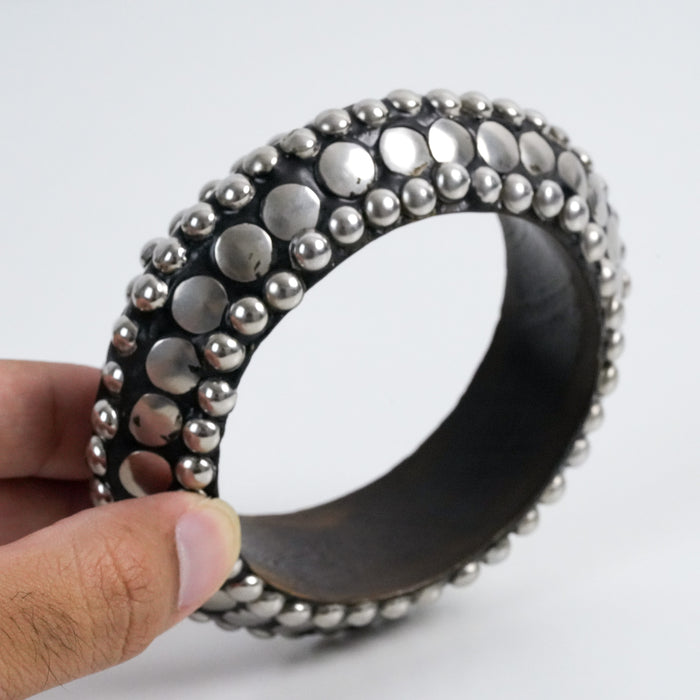 Vintage Silver-Tone Studded Wooden Cuff Bracelet
