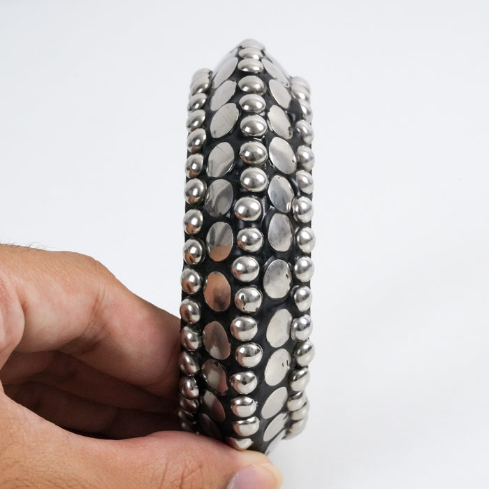 Vintage Silver-Tone Studded Wooden Cuff Bracelet