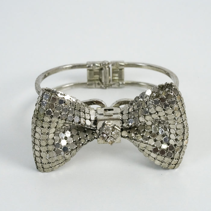 Vintage Silver-Tone Rhinestone Bow Cuff Bracelet