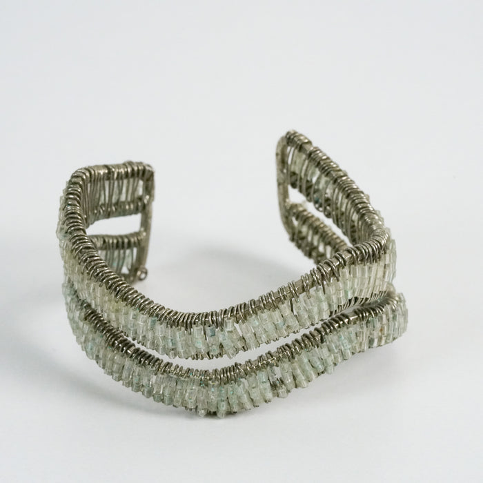 Vintage Silver-Tone Double-Wrap Beaded Cuff Bracelet