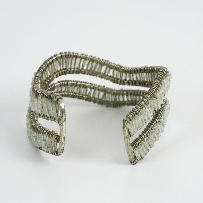 Vintage Silver-Tone Double-Wrap Beaded Cuff Bracelet