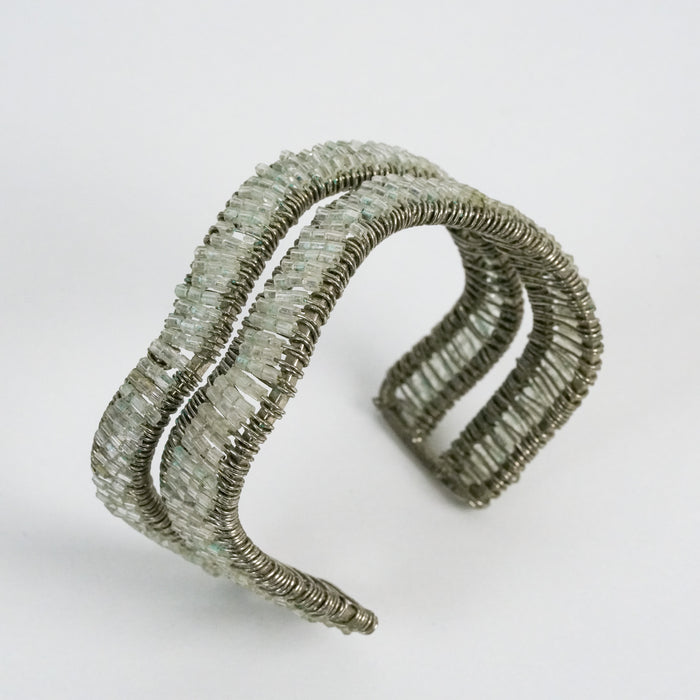 Vintage Silver-Tone Double-Wrap Beaded Cuff Bracelet