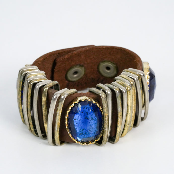 Vintage Valerie Genuine Leather Italy Blue Gemstone Snap Cuff Bracelet
