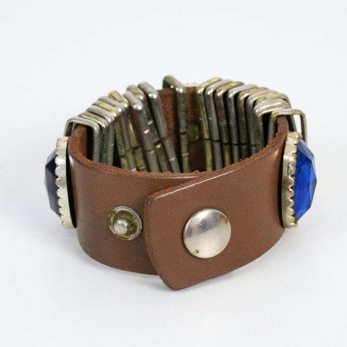 Vintage Valerie Genuine Leather Italy Blue Gemstone Snap Cuff Bracelet