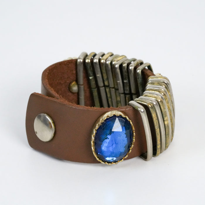 Vintage Valerie Genuine Leather Italy Blue Gemstone Snap Cuff Bracelet