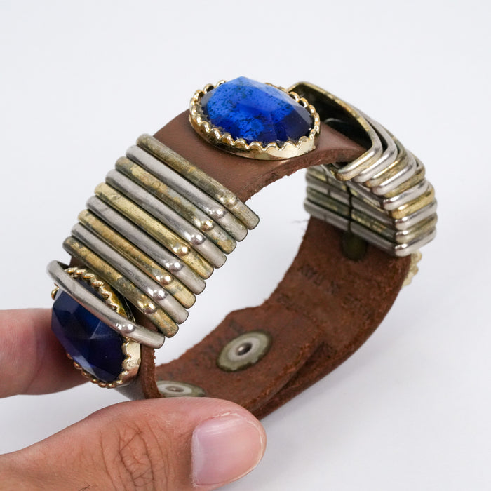 Vintage Valerie Genuine Leather Italy Blue Gemstone Snap Cuff Bracelet