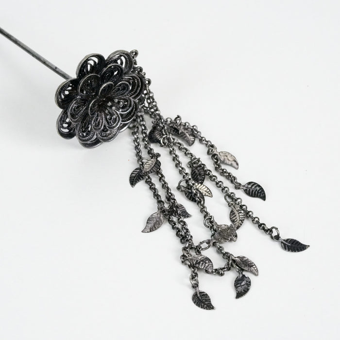 Vintage Silver-Tone Filigree Flower Hair Pin with Dangling Leaf Charms