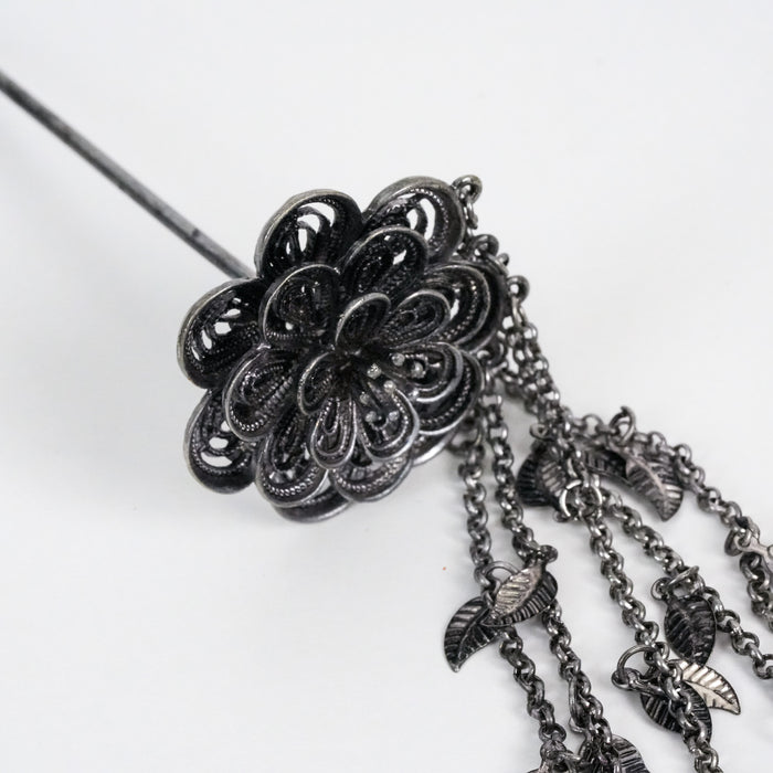 Vintage Silver-Tone Filigree Flower Hair Pin with Dangling Leaf Charms