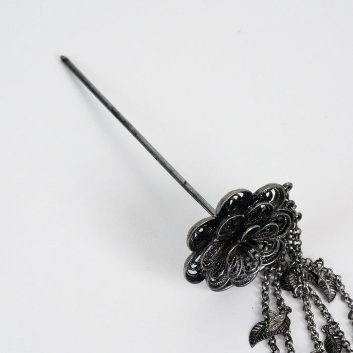 Vintage Silver-Tone Filigree Flower Hair Pin with Dangling Leaf Charms