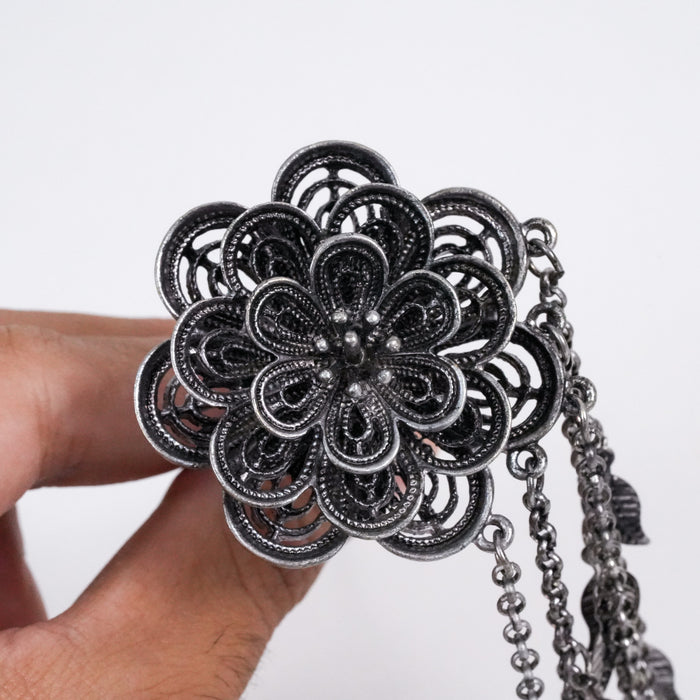 Vintage Silver-Tone Filigree Flower Hair Pin with Dangling Leaf Charms