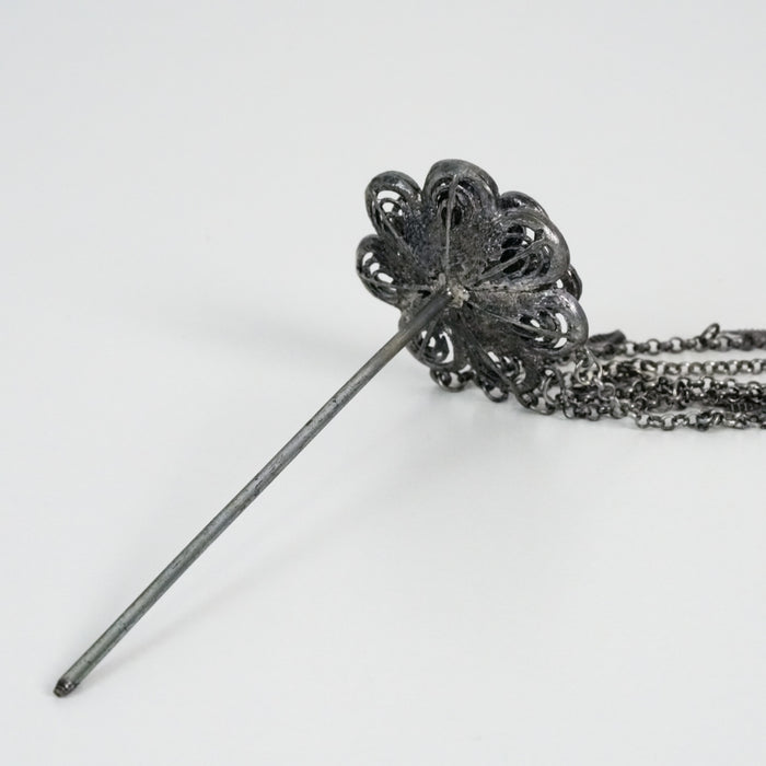 Vintage Silver-Tone Filigree Flower Hair Pin with Dangling Leaf Charms
