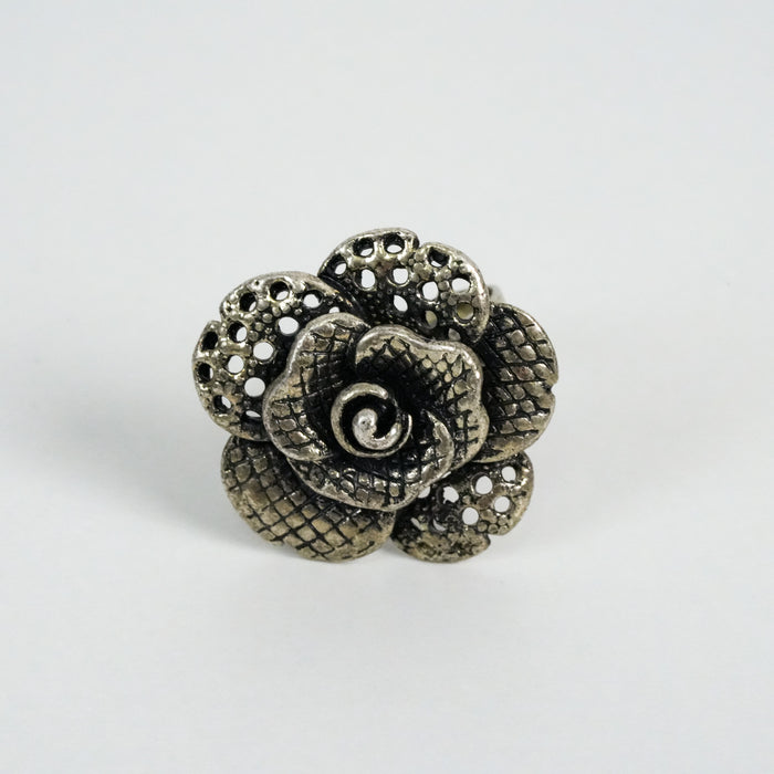 Vintage Silver-Tone Textured Floral Statement Ring