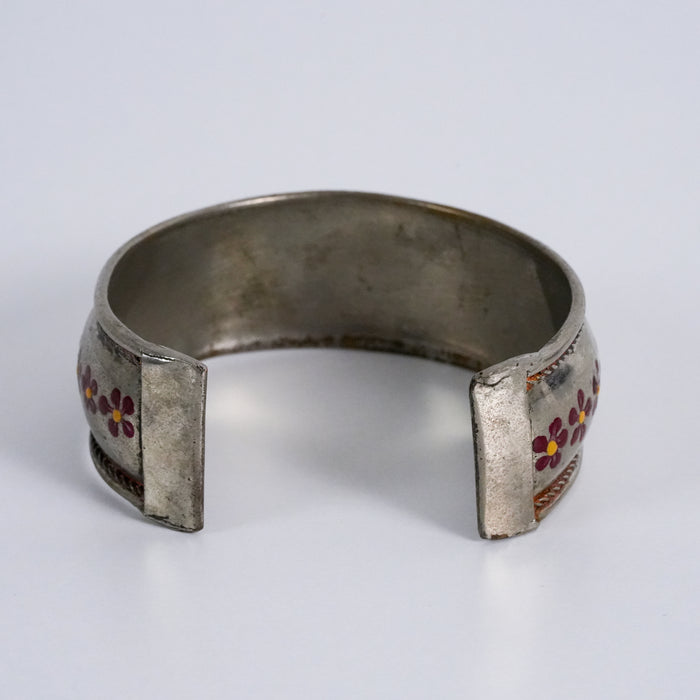 Vintage Floral Hand-Painted Silver Tone Cuff Bracelet