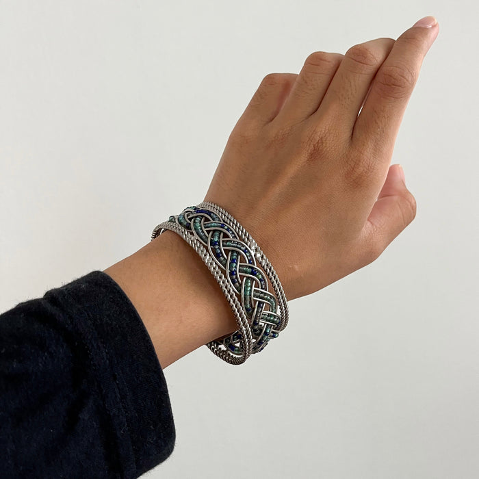 Vintage Silver Tone Woven Beaded Cuff Bracelet Blue Aqua Boho Statement