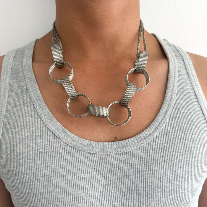 Vintage Silver Tone Textured Geometric Link Statement Necklace