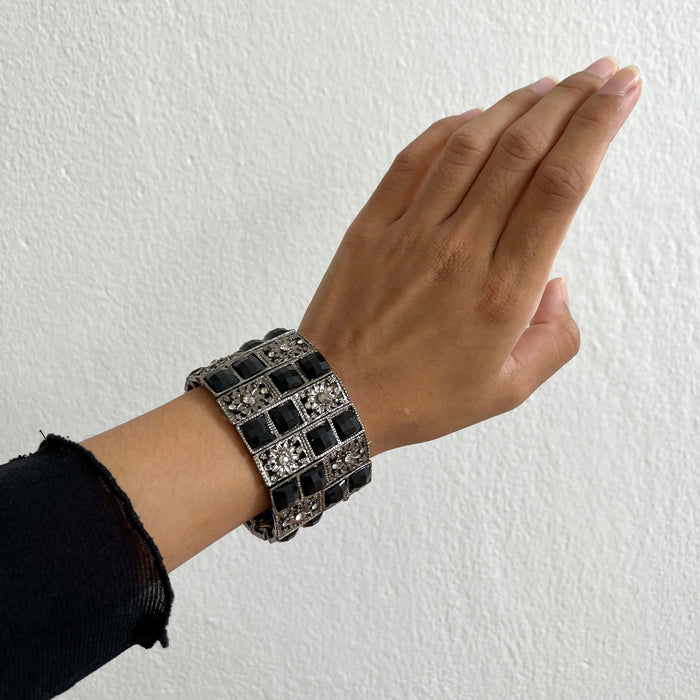 Vintage Black Rhinestone Wide Stretch Bracelet, Art Deco Inspired Statement Bracelet