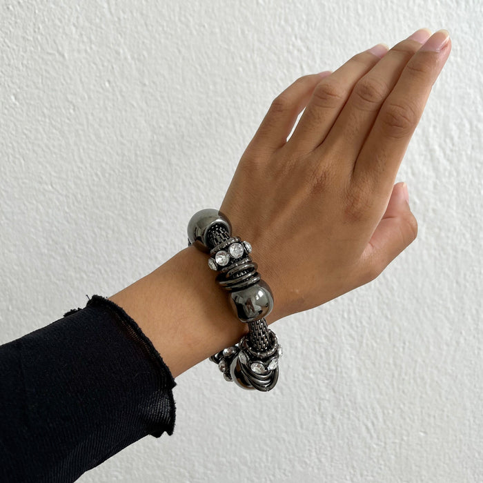 Vintage Gunmetal Mesh Beaded Rhinestone Bracelet, Statement Stretch Bracelet