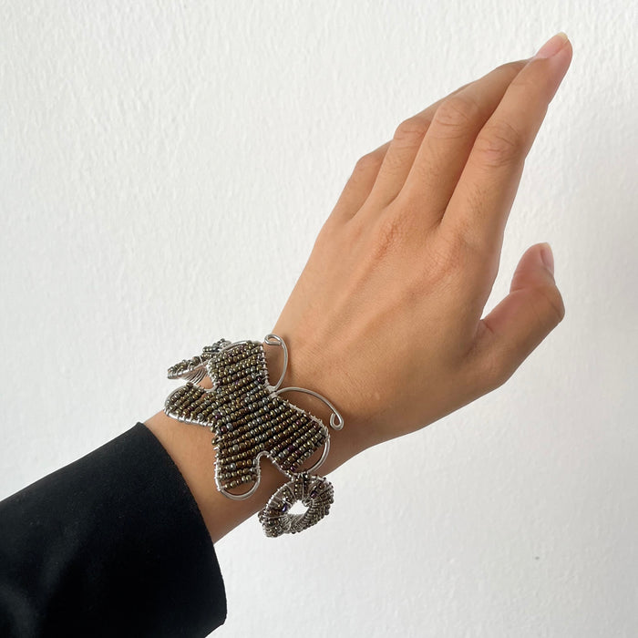 Beaded Butterfly Silver-Tone Cuff Bracelet