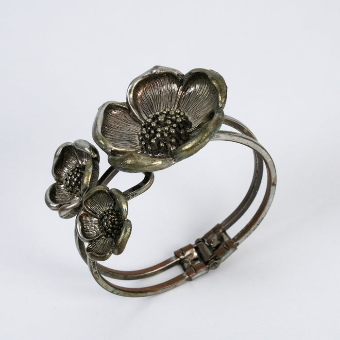 Vintage Silver Tone Floral Cuff Bracelet | Statement Flower Bracelet | Botanical Hinged Bangle