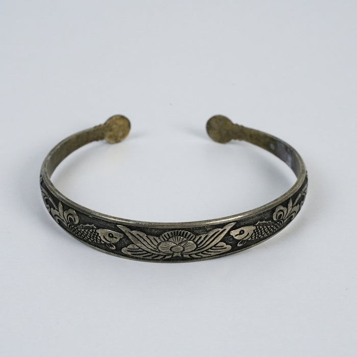 Vintage Koi Fish & Floral Engraved Cuff Bracelet
