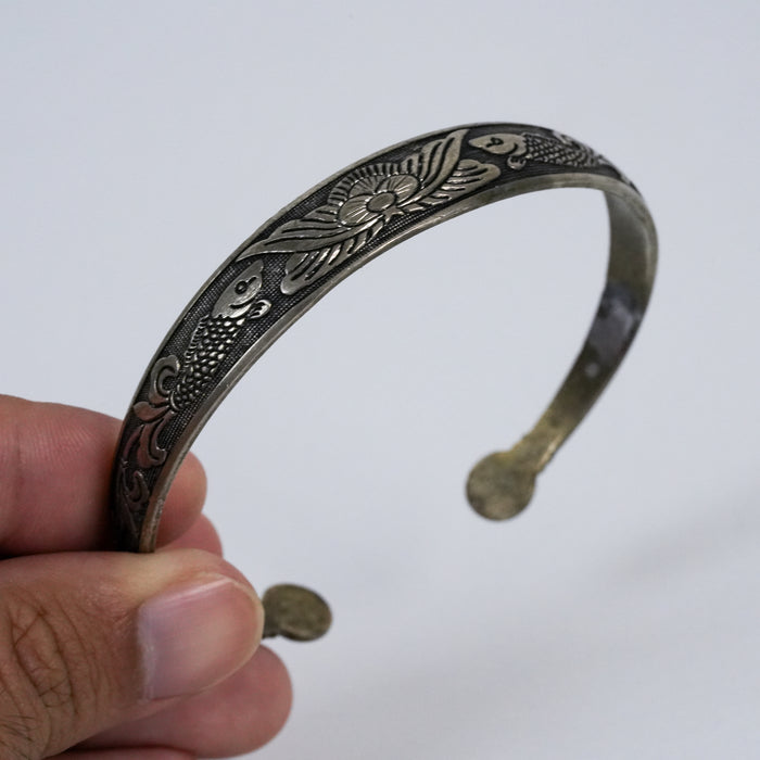 Vintage Koi Fish & Floral Engraved Cuff Bracelet