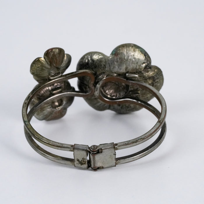 Vintage Silver Tone Floral Cuff Bracelet | Statement Flower Bracelet | Botanical Hinged Bangle