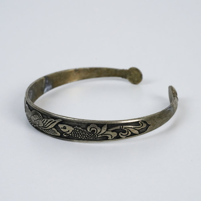 Vintage Koi Fish & Floral Engraved Cuff Bracelet