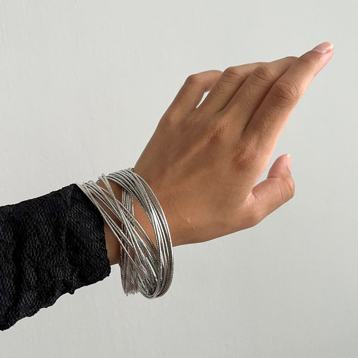 Vintage Silver Tone Textured Bangle Set | Layered Stack Bracelets