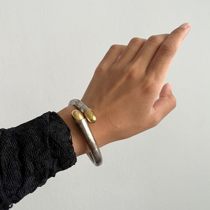Vintage Two Tone Hinged Bangle Bracelet | Silver & Gold Statement Cuff