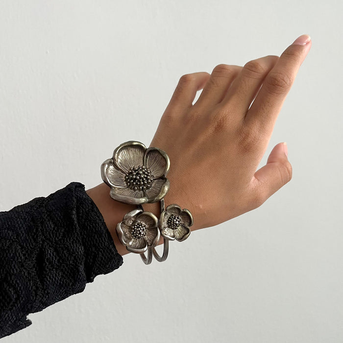 Vintage Silver Tone Floral Cuff Bracelet | Statement Flower Bracelet | Botanical Hinged Bangle