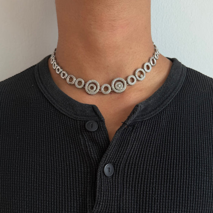 Vintage Silver Tone Circle Link Statement Necklace | Textured Spiral Geometric Necklace | Modern Abstract Collar Necklace