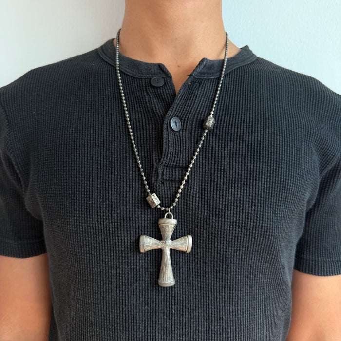 Vintage Pewter Cross Pendant Necklace | Rustic Gothic Cross Ball Chain Necklace | Unisex Statement Jewelry