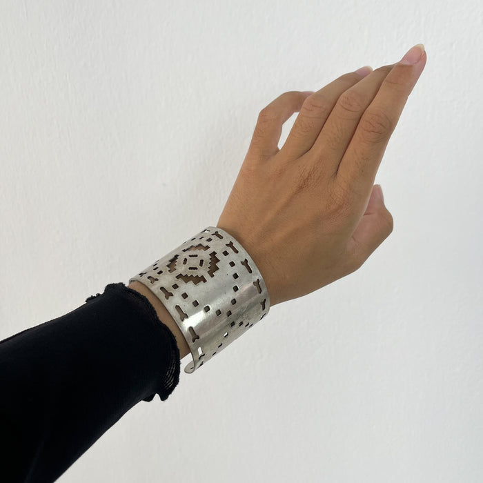 Vintage Cutout Wide Cuff Bracelet | Geometric Silver Tone Bangle | Tribal Statement Jewelry