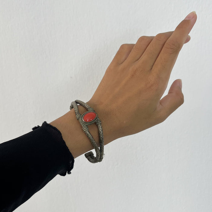 Vintage Braided Silver Tone Cuff Bracelet | Red Cabochon Statement Bangle | Boho Tribal Jewelry