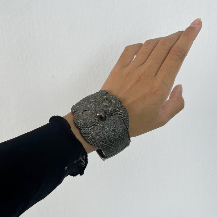 Vintage Owl Wide Cuff Bracelet | Textured Silver Tone Hinged Bangle | Statement Animal Jewelry