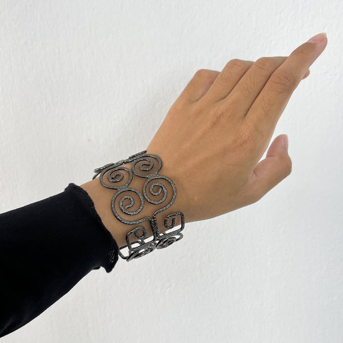 Vintage Black Scroll Cuff Bracelet | Openwork Filigree Statement Bangle | Modern Geometric Jewelry