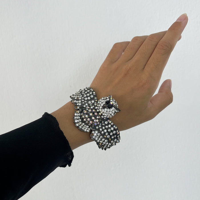 Vintage Rhinestone Owl Cuff Bracelet | Crystal Owl Statement Bangle | Antique Silver Tone Animal Jewelry