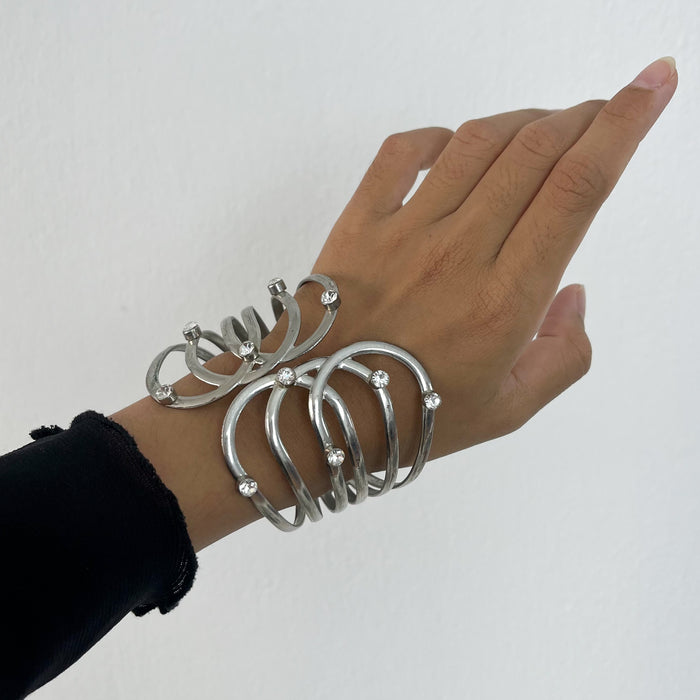 Vintage Silver Tone Rhinestone Cuff Bracelet | Openwork Hinged Bangle | Modern Statement Bracelet