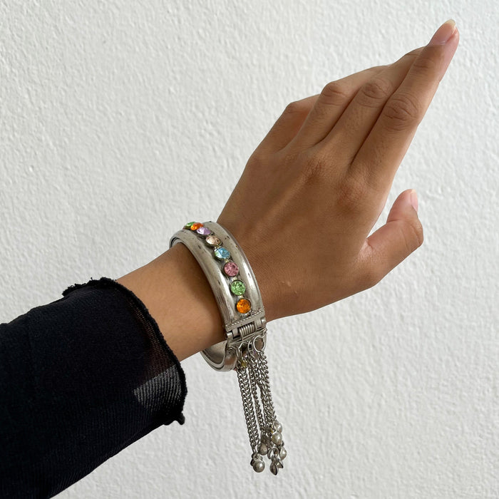 Vintage Silver Tone Rainbow Rhinestone Hinged Bangle Bracelet with Tassel Chain Charm