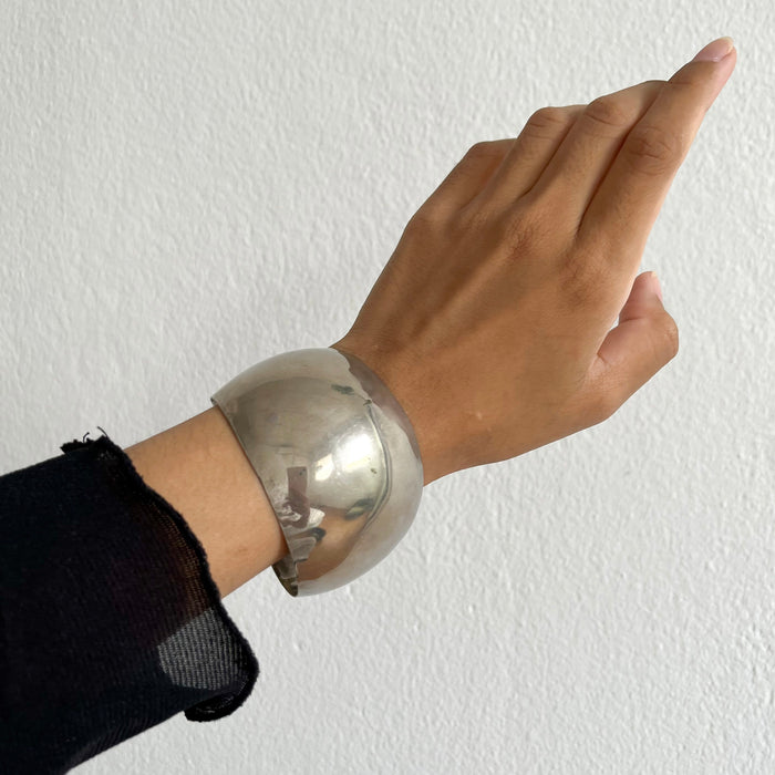 Vintage Silver Tone Wide Cuff Bracelet, Minimalist Dome Cuff