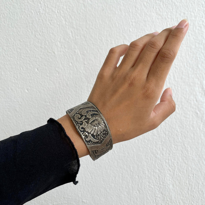 Vintage Engraved Bird Silver Tone Cuff Bracelet, Tribal Boho Open Bangle