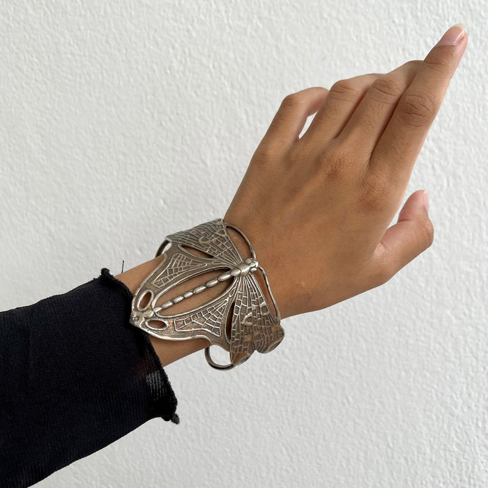 Vintage Silver Tone Butterfly Cuff Bracelet, Art Nouveau Openwork Butterfly Statement Bracelet