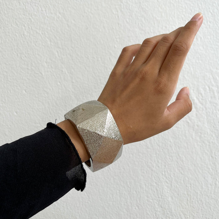Vintage Textured Silver Tone Wide Cuff Bracelet, Geometric Etched Statement Bangle