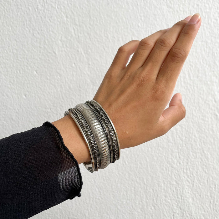 Vintage Silver Tone Wide Cuff Bracelet, Tribal Boho Statement Jewelry