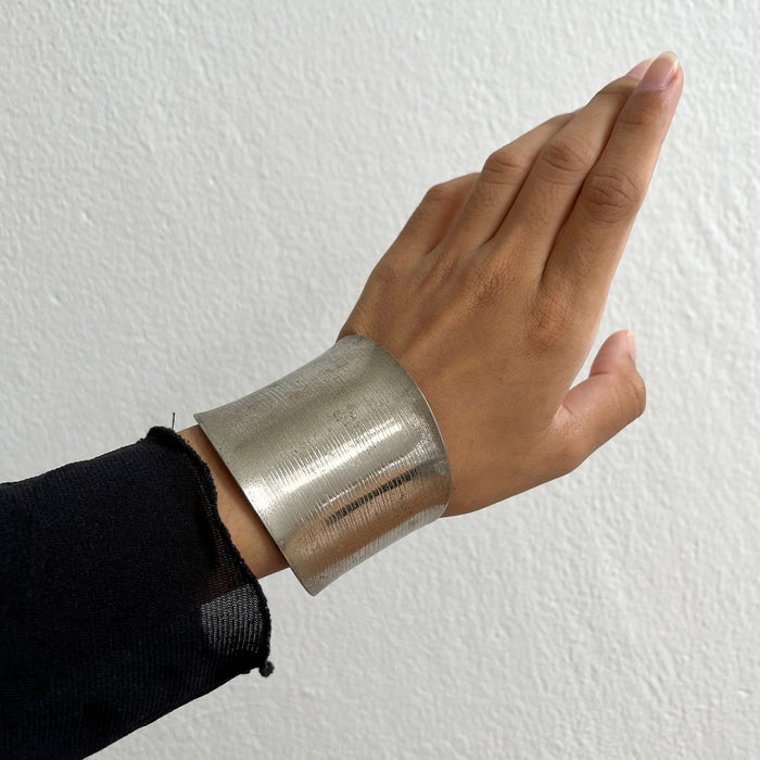 Vintage Brushed Silver Tone Wide Cuff Bracelet, Minimalist Open Cuff Bangle
